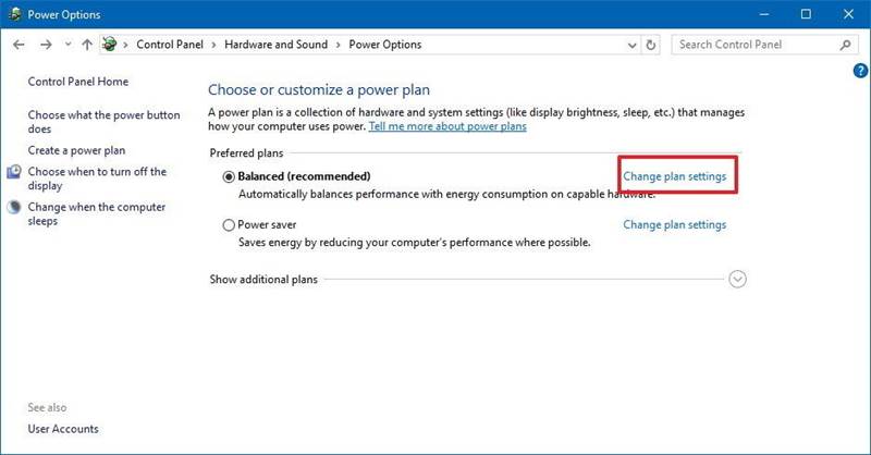 Windows 10 Control Panel Power Options with Change plan settings circled