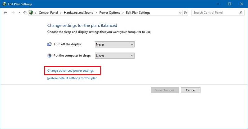 Windows 10 Control Panel Power Options with Change advanced power settings circled