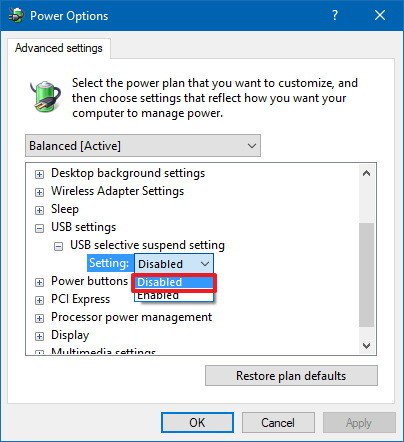 Windows 10 Power Options with Disabled circled