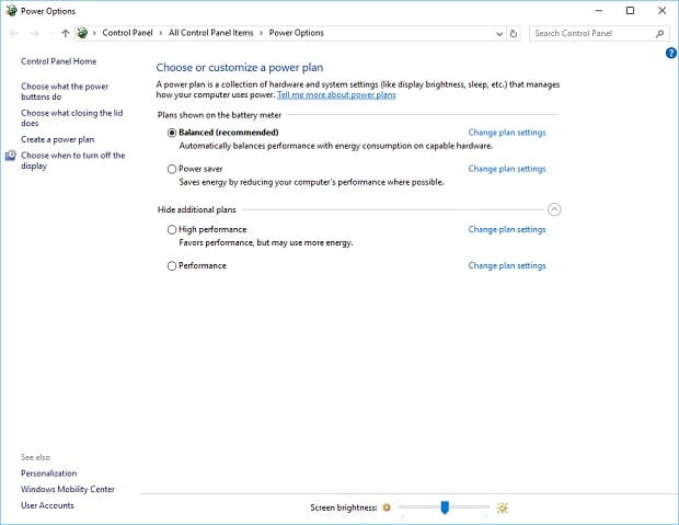 Windows 10 Power Options with default options displayed